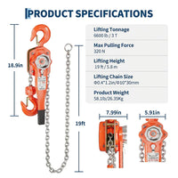 Garvee Manual Lever Chain Hoist 3 Ton With G80 Galvanized Steel Chain, Weston Double Pawl Brake, 360° Swivel Hook For Garage Factory Dock, 19 FT, Compact Design