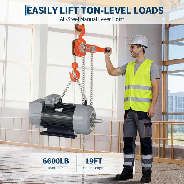 Garvee Manual Lever Chain Hoist 3 Ton With G80 Galvanized Steel Chain, Weston Double Pawl Brake, 360° Swivel Hook For Garage Factory Dock, 19 FT, Compact Design