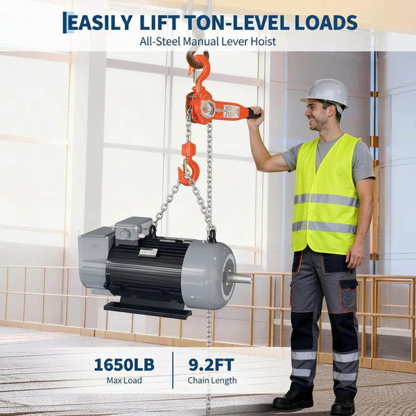 Garvee Manual Lever Chain Hoist 0.75 Ton With G80 Galvanized Steel Chain & Weston Double Pawl Brake, 10 FT, 360° Swivel Hook, Garage Factory Dock Lifting