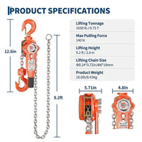 Garvee Manual Lever Chain Hoist 0.75 Ton With G80 Galvanized Steel Chain & Weston Double Pawl Brake, 10 FT, 360° Swivel Hook, Garage Factory Dock Lifting