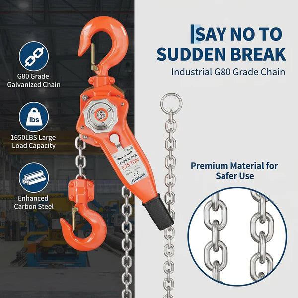 Garvee Manual Lever Chain Hoist 0.75 Ton With G80 Galvanized Steel Chain & Weston Double Pawl Brake, 10 FT, 360° Swivel Hook, Garage Factory Dock Lifting