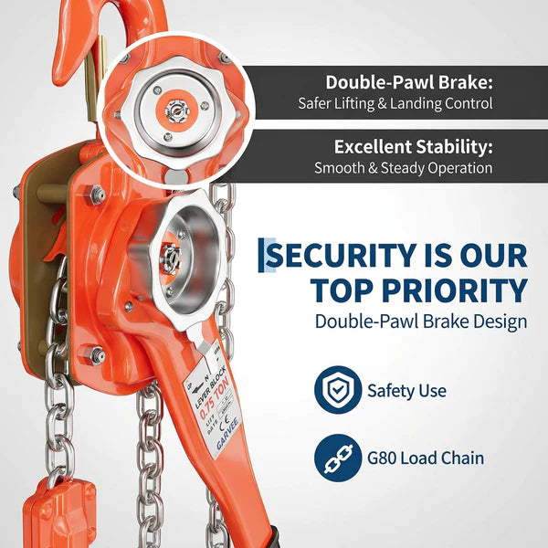 Garvee Manual Lever Chain Hoist 0.75 Ton With G80 Galvanized Steel Chain & Weston Double Pawl Brake, 10 FT, 360° Swivel Hook, Garage Factory Dock Lifting