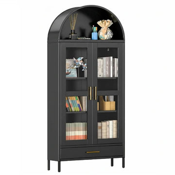 Garvee Tall Black Arched Metal Storage Cabinet with Glass Doors – 2 Adjustable Shelves, Drawer, Modern Freestanding Entryway Organizer – Pantry Display Cabinet for Living or Dining Room, Easy Assembly, Color: Black