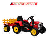 Garvee 12V Kids Electric Tractor Ride-On Car with Trailer – Parent Remote Control – Dual 35W Motors – 2+1 Gear Shift – 7-LED Headlights – MP3 & USB Player – EVA Tires – Red - Hub Grey Rear Bucket Green