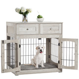 Garvee Dog Crate Furniture with Cushion,Wooden Dog Crate Table with 2 Drawers, 3-Doors Dog Furniture, Indoor Dog Kennel House Side End Table, Grey - Grey