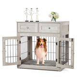 Garvee Dog Crate Furniture with 3 Doors, 39.4'' Large 2 Drawer & Cushion, Wooden House Kennel for Medium/Large Dog, Dog Table Up to 130 lbs, Indoor End House, Grey - Grey
