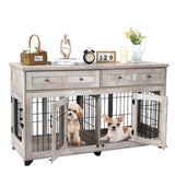 Garvee 2 Rooms Dog Crate Furniture for Big Breed,58" Wooden Dog Crate Table with 2 Drawers,Indoor Dog Kennel,Dog House,Dog Cage,TV Stand (Gray)