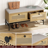 Garvee Rattan Shoe Bench With Linen Seat Cushion, Storage Cabinet For Entryway And Bedroom, 39.3in Natural Oak
