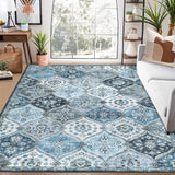 Garvee Washable Moroccan Area Rug 9x12 - Ultra-Soft Faux Wool, Non-Slip TPR Backing, Stain Resistant, Child & Pet Friendly, Vintage Floral Design, Suitable for Living Room, Bedroom, Office, Classroom - Grey-Blue