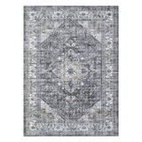 Garvee 9x12 ft Grey Area Rug, Vintage Persian Floral Medallion Pattern, Machine Washable 100% Polyester Carpet with Non Slip TPR Backing, Low Pile Foldable Indoor Rug for Living Room Bedroom Dining Room Office Dorm, Stain Resistant Easy Care Home Decor - Grey