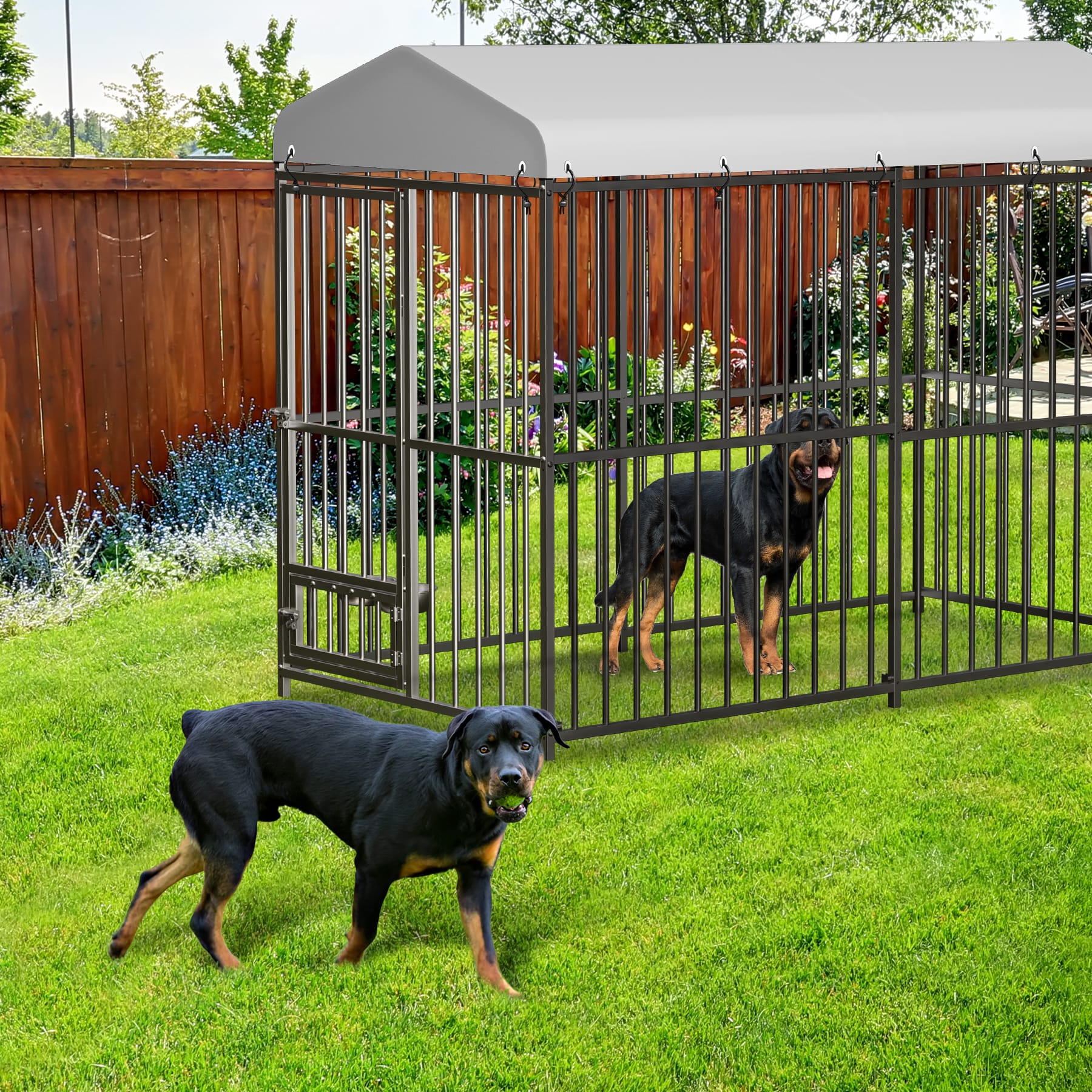 Garvee 8×4×6FT Large Heavy Duty Outdoor Dog Kennel with Lock, Rotating Stainless Steel Bowl, Waterproof Roof, for All Dog Breeds, Metal, Weatherproof