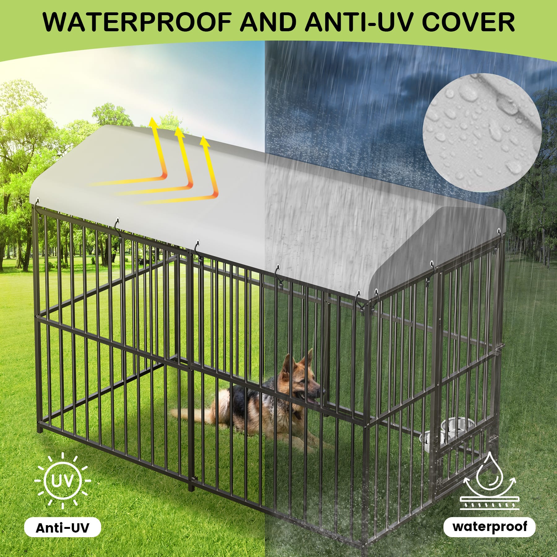 Garvee 8×4×6FT Large Heavy Duty Outdoor Dog Kennel with Lock, Rotating Stainless Steel Bowl, Waterproof Roof, for All Dog Breeds, Metal, Weatherproof