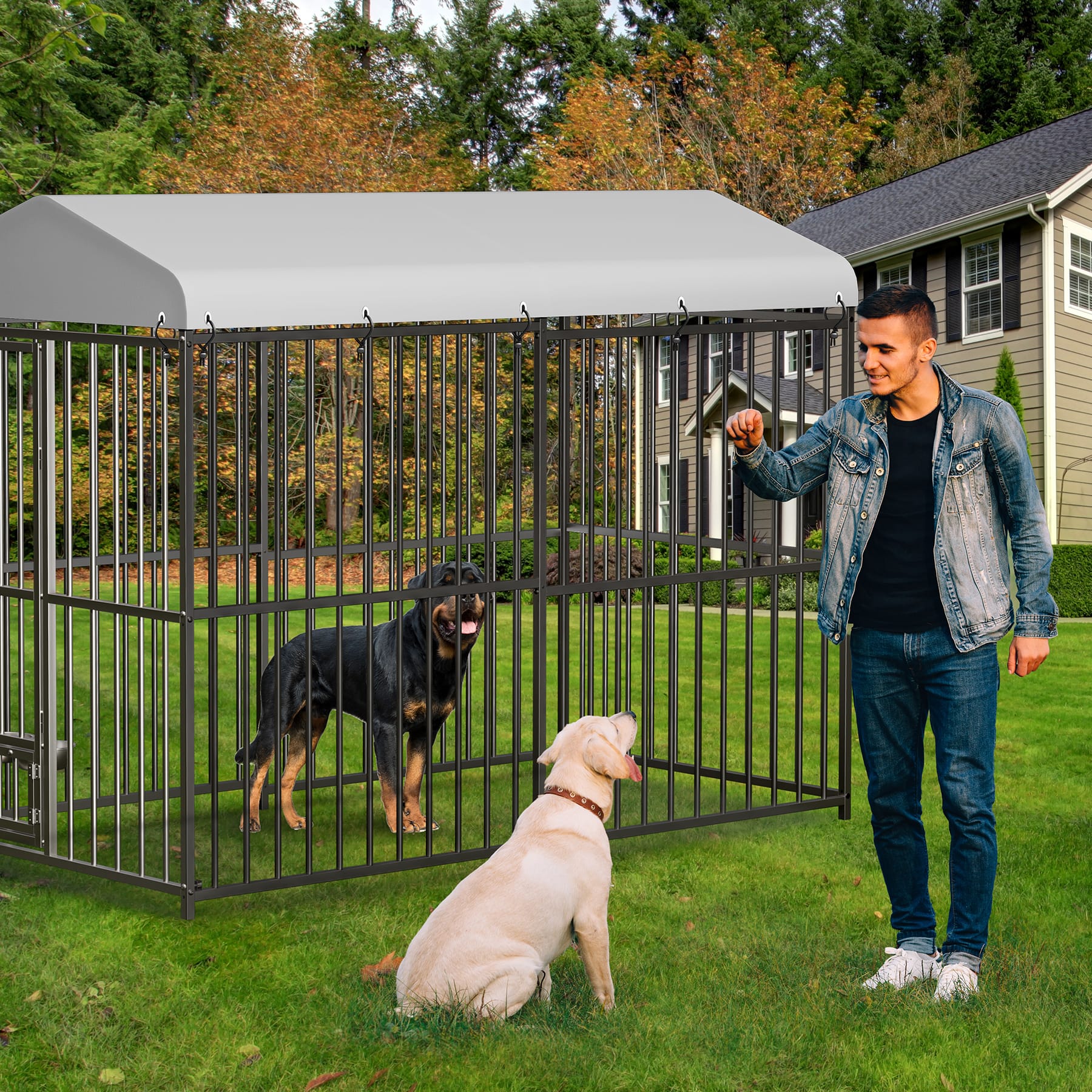 Garvee 8×4×6FT Large Heavy Duty Outdoor Dog Kennel with Lock, Rotating Stainless Steel Bowl, Waterproof Roof, for All Dog Breeds, Metal, Weatherproof