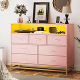 Garvee Pink Dresser for Bedroom, Modern 7 Drawers Long Dresser with Charging Station and LED Lights Design, Wooden Large Capacity Storage Chest of Drawers, Wide Dresser for Living Room, Hallway - Pink
