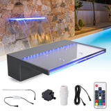 Garvee Acrylic Pool Waterfall Fountain with 9-Color LED Strip – 12" Outdoor Spillway for Garden, Patio, Swimming Pool, and Pond Decor – US Plug 3 Meters, 1 Inlet, Size: 30cm x 20.5cm x 8cm