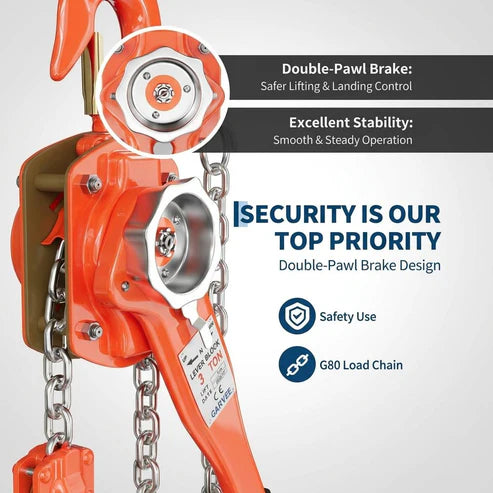 Garvee Manual Lever Chain Hoist 3 Ton G80 Galvanized Steel Chain Weston Double Pawl Brake 360° Swivel Hook Compact Design for Garage Factory Dock