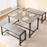 Garvee Dining Table Set for 4, Kitchen Table with Benches, Rectangular Dining Room Table Set with 2 Metal Wood Benches, 3 Piece Dining Table Set for Small Space, Apartment, Dinette, Retro Gray - Retro Gray