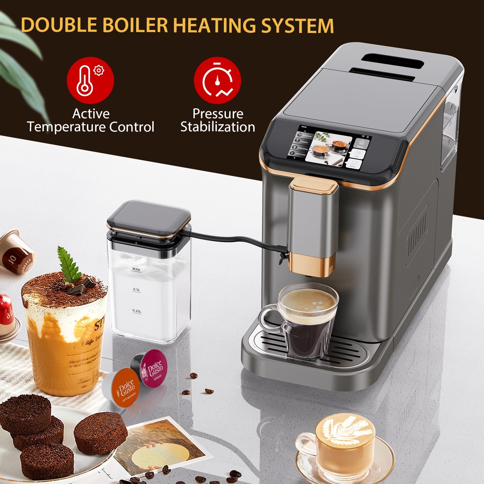 Garvee Best fully automatic espresso machine, Espresso Coffee Machines With Milk Frother Steam Wand, Insulated Milk Container for Cappuccino, Latte, Espresso Maker (20 bar, Gold)