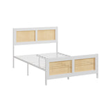 Garvee Full Size Rattan Bed Frame with Headboard, White Boho Cane Platform Bed Frame, Strong Metal Slat, Noise Free, No Box Spring Needed - White/Natural