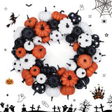 Garvee Halloween Pumpkin Wreath for Front Door – 18 Inch Artificial Fall Decor with Orange, Black & White Pumpkins, Rattan Base, Indoor Outdoor Holiday Decoration – Black, White and Yellow, One Size
