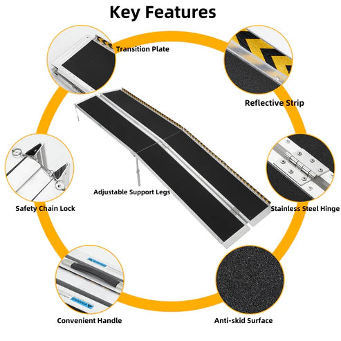 Garvee 9 ft Portable Aluminum Wheelchair Ramp for Home Steps, Non-Skid Surface, Reflective Strips, 600 LBS Capacity, Silver
