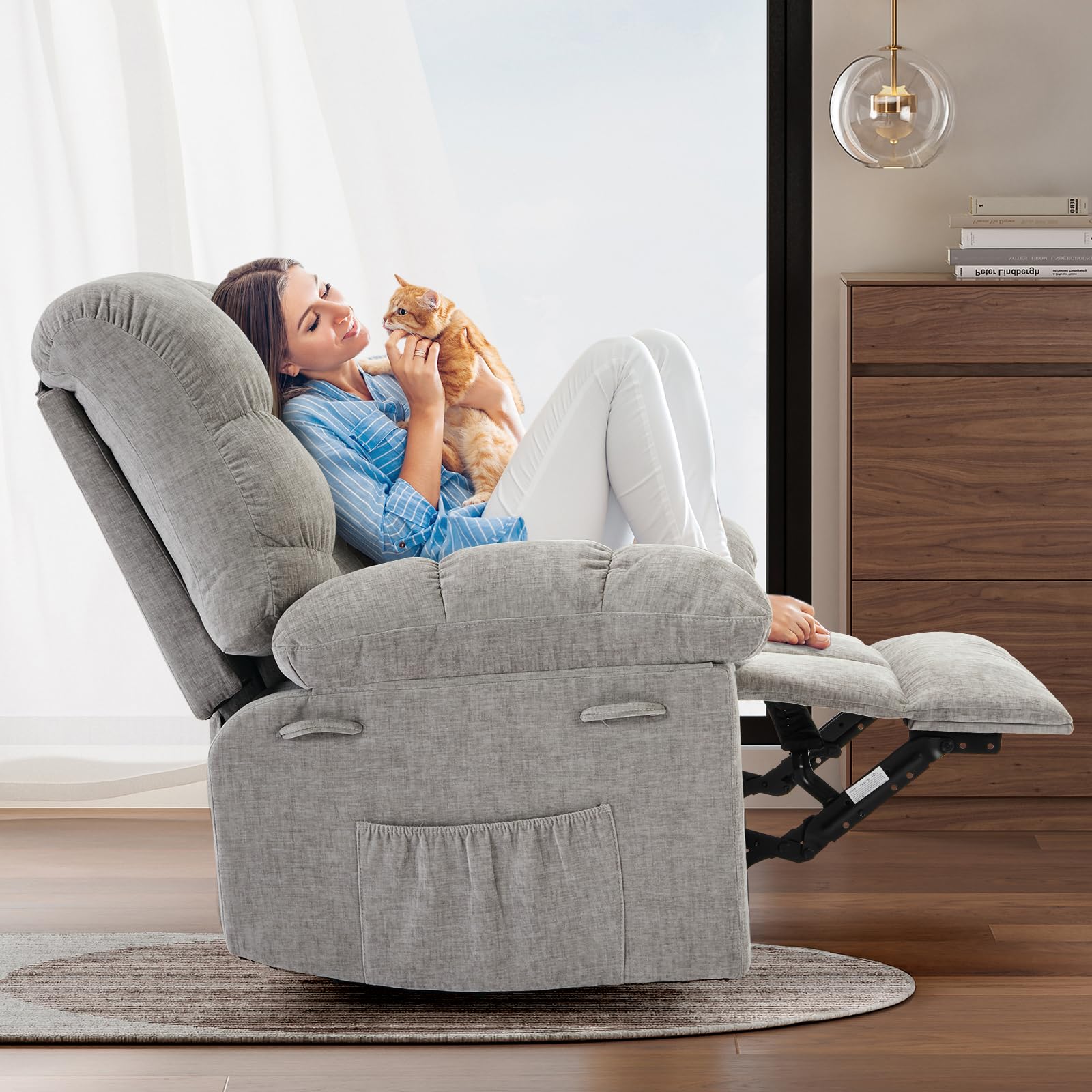 Fauteuil inclinable à bascule Garvee, fauteuil à bascule pivotant à 306° pour salon, fauteuil de nurserie en tissu rembourré avec poches latérales pour petits espaces, fauteuil inclinable simple Lazy Boy à cadre en acier q235