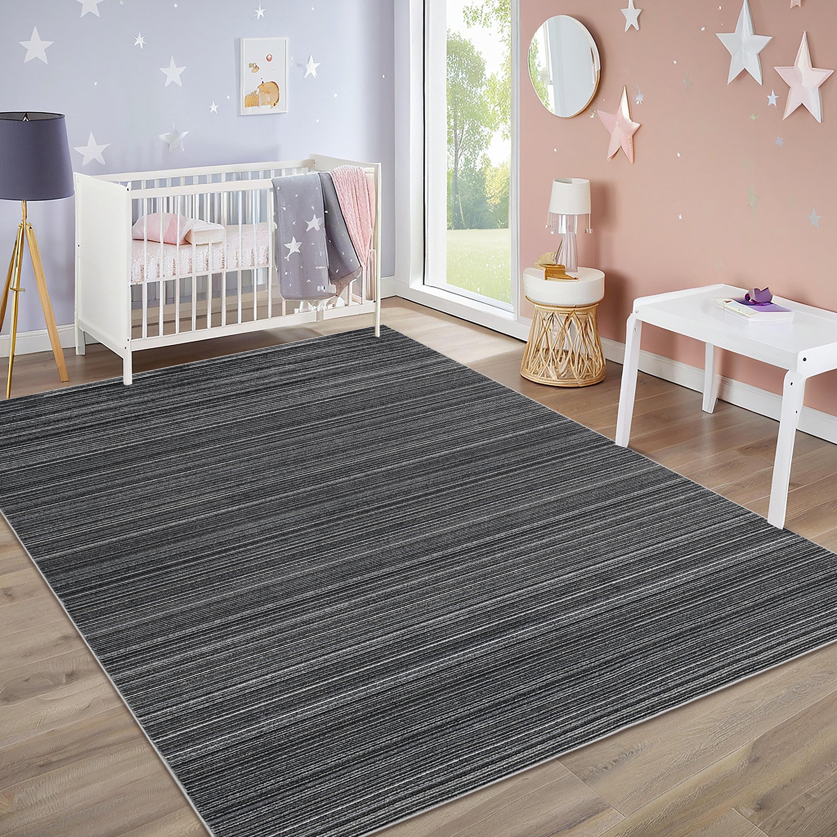 Garvee Modern Black Striped Washable Area Rug - Low Pile Non-Slip Contemporary Carpet - Soft, Collapsible, Mark Resistant Floor Mat for Living Room, Bedroom, Dining Room - Black, 8x10ft (244x305cm)