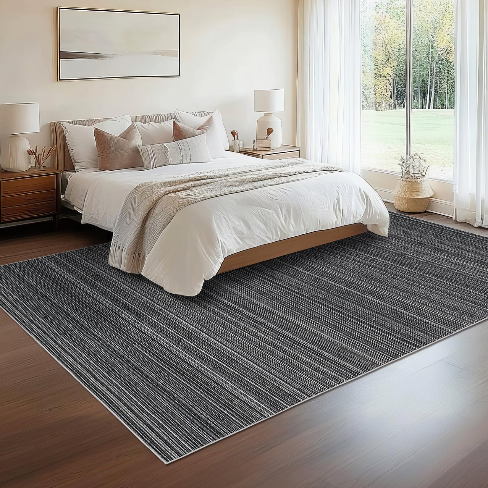 Garvee Modern Black Striped Washable Area Rug - Low Pile Non-Slip Contemporary Carpet - Soft, Collapsible, Mark Resistant Floor Mat for Living Room, Bedroom, Dining Room - Black, 8x10ft (244x305cm)