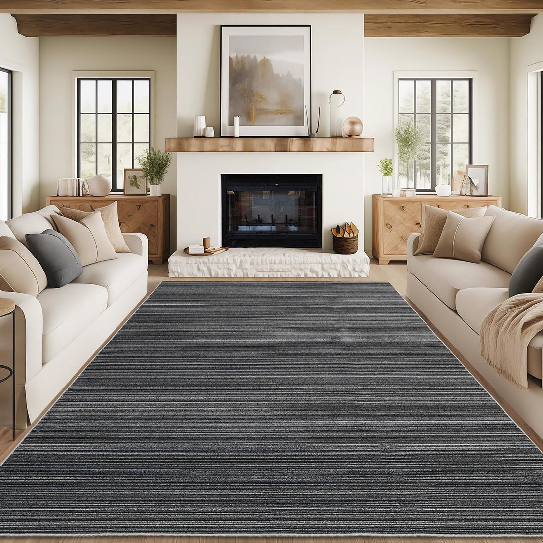 Tapis Garvee moderne lavable à rayures noires – Tapis contemporain antidérapant à poils ras – Tapis de sol doux, pliable et résistant aux marques pour salon, chambre à coucher, salle à manger – Noir, 244 x 305 cm