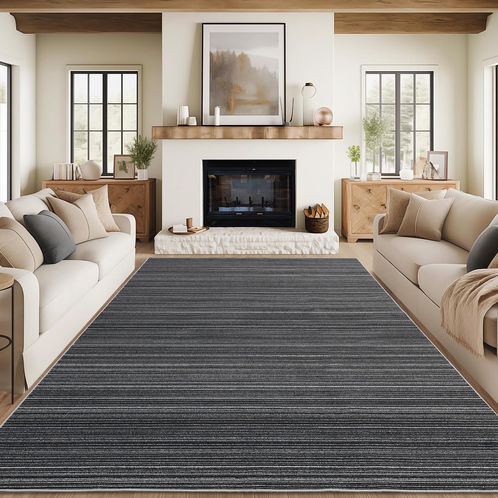 Garvee Modern Black Striped Washable Area Rug - Low Pile Non-Slip Contemporary Carpet - Soft, Collapsible, Mark Resistant Floor Mat for Living Room, Bedroom, Dining Room - Black, 8x10ft (244x305cm)