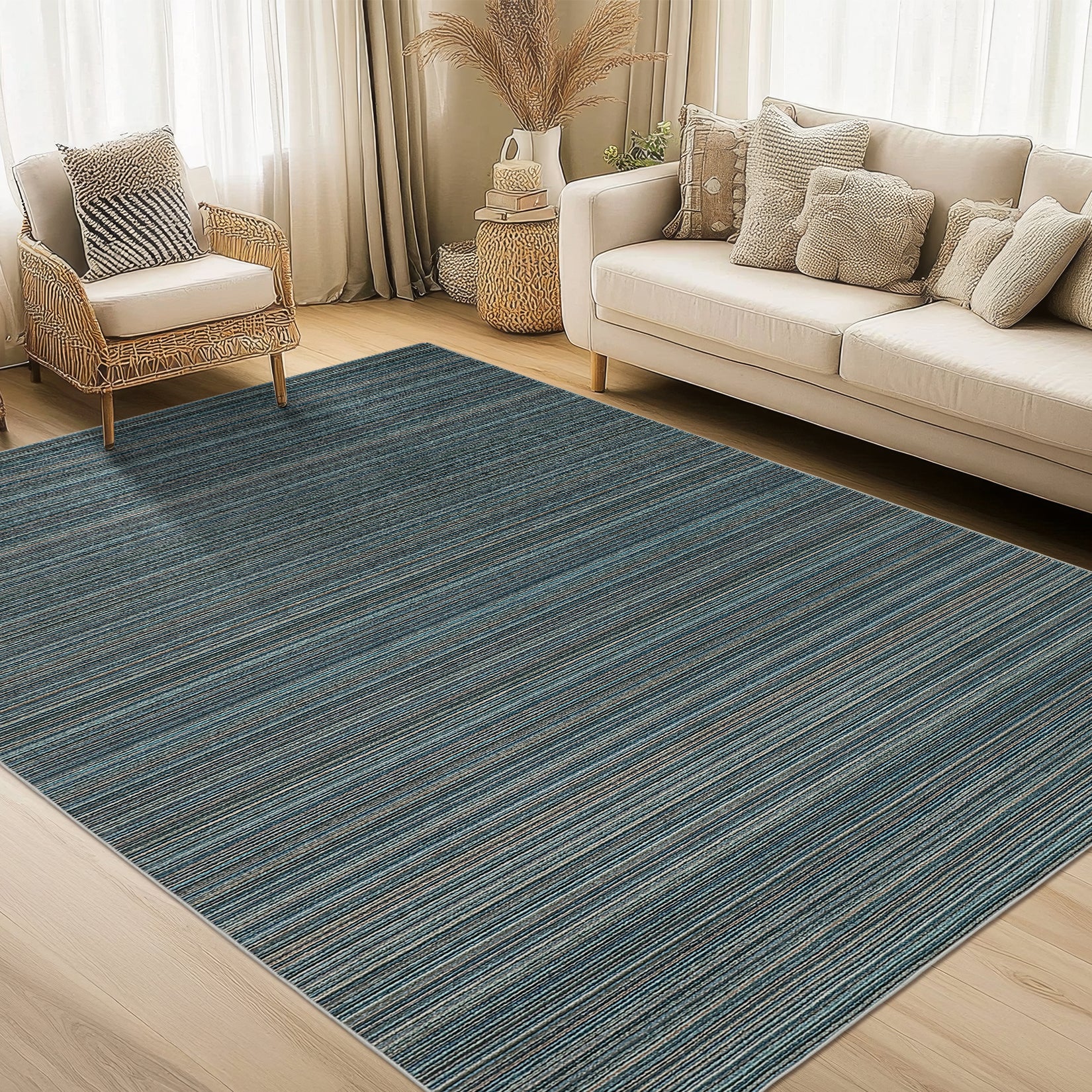 Garvee Modern Striped Washable Area Rug - Low Pile Non-Slip Contemporary Carpet - Soft, Collapsible, Mark Resistant Floor Mat for Living Room, Bedroom, Nursery - Blue, 8x10ft (244x305cm)