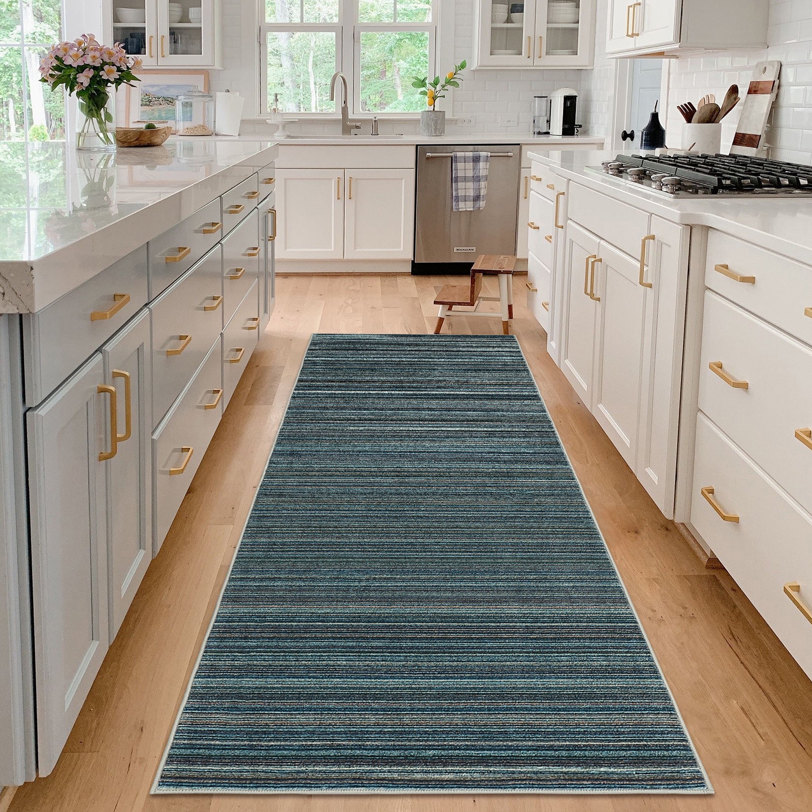 Garvee Modern Striped Washable Area Rug - Low Pile Non-Slip Contemporary Carpet - Soft, Collapsible, Mark Resistant Floor Mat for Living Room, Bedroom, Nursery - Blue, 8x10ft (244x305cm)