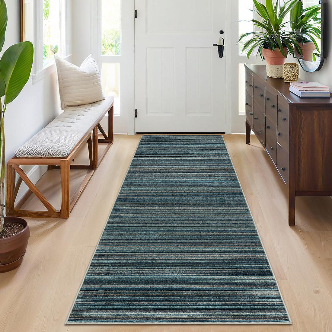 Tapis de salon moderne lavable à rayures Garvee - Tapis contemporain antidérapant à poils ras - Tapis de sol doux, pliable et résistant aux marques pour salon, chambre, crèche, bureau - Bleu, 274x366cm