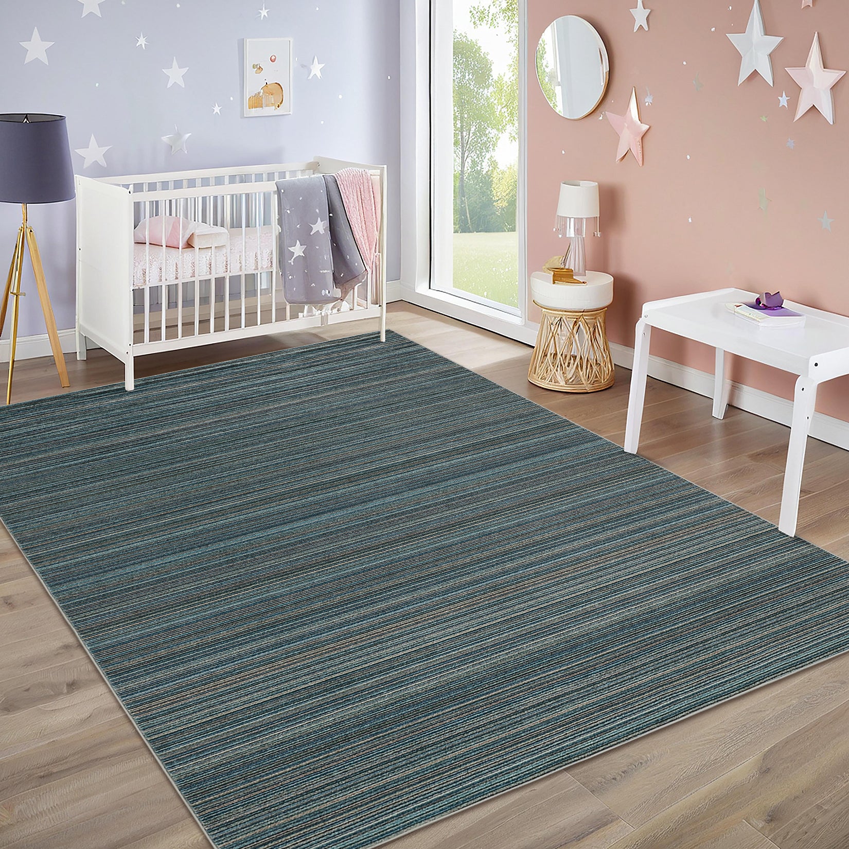 Garvee Modern Striped Washable Area Rug - Low Pile Non-Slip Contemporary Carpet - Soft, Collapsible, Mark Resistant Floor Mat for Living Room, Bedroom, Nursery - Blue, 8x10ft (244x305cm)