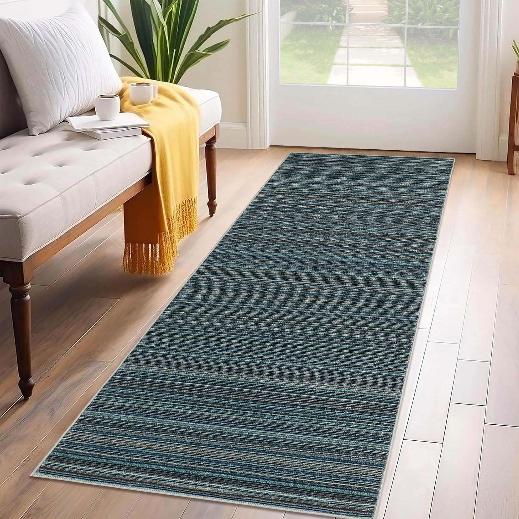 Garvee Modern Striped Washable Area Rug - Low Pile Non-Slip Contemporary Carpet - Soft, Collapsible, Mark Resistant Floor Mat for Living Room, Bedroom, Nursery - Blue, 8x10ft (244x305cm)