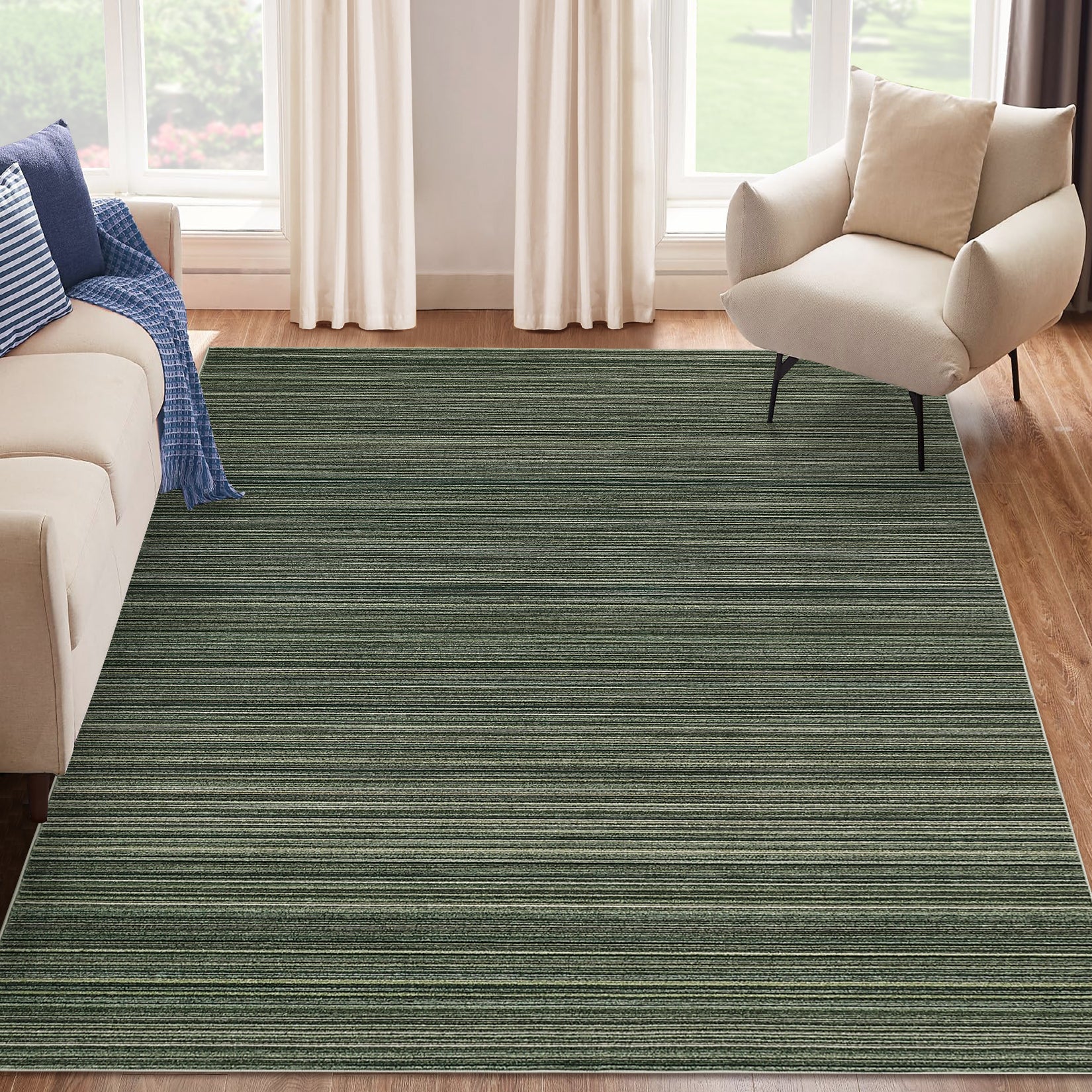 Garvee Modern Striped Washable Area Rug - Low Pile Non-Slip Contemporary Carpet - Soft, Collapsible, Mark Resistant Floor Mat for Living Room, Bedroom - Green, 9x12ft (274x366cm)