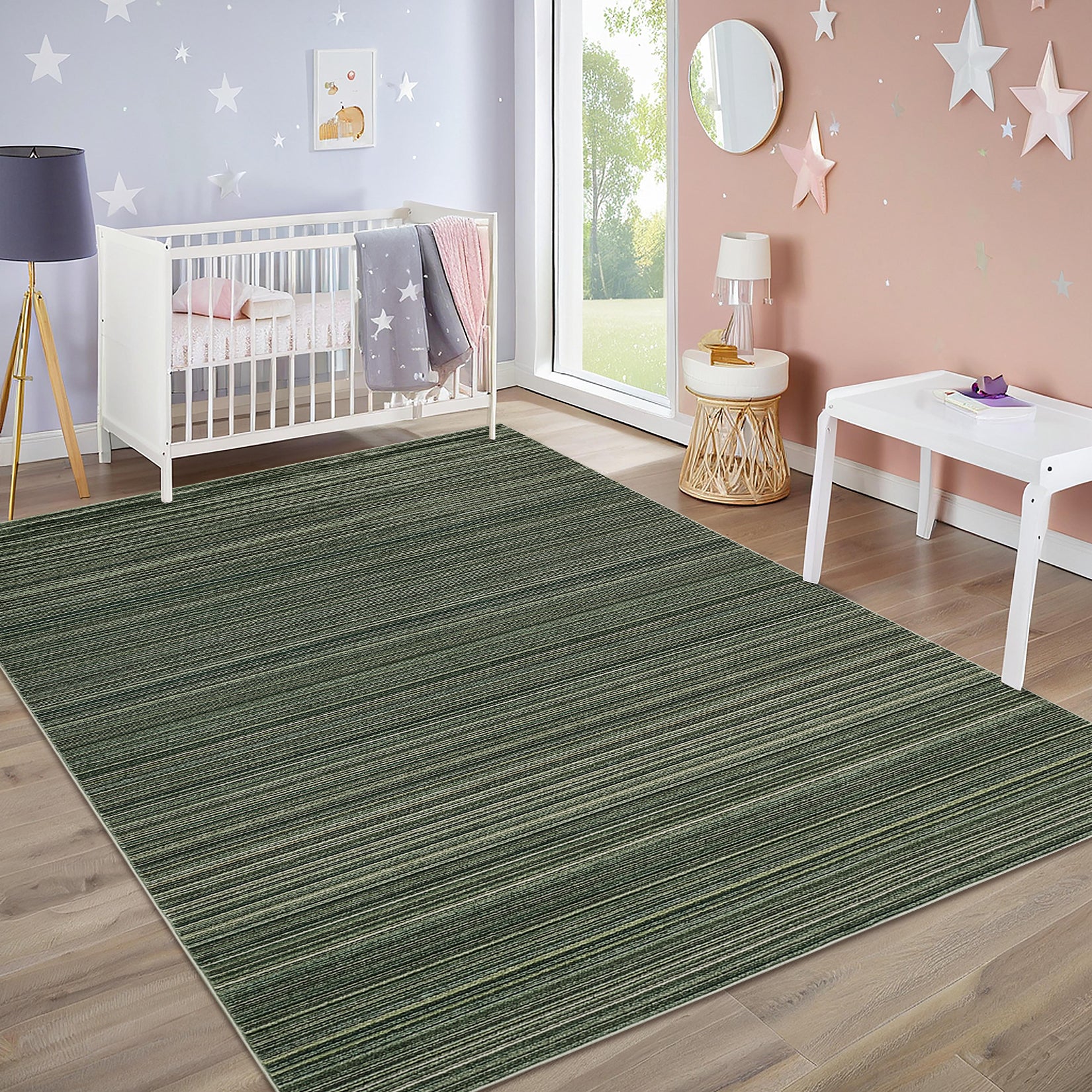 Garvee Modern Striped Washable Area Rug - Low Pile Non-Slip Contemporary Carpet - Soft, Collapsible, Mark Resistant Floor Mat for Living Room, Bedroom - Green, 9x12ft (274x366cm)