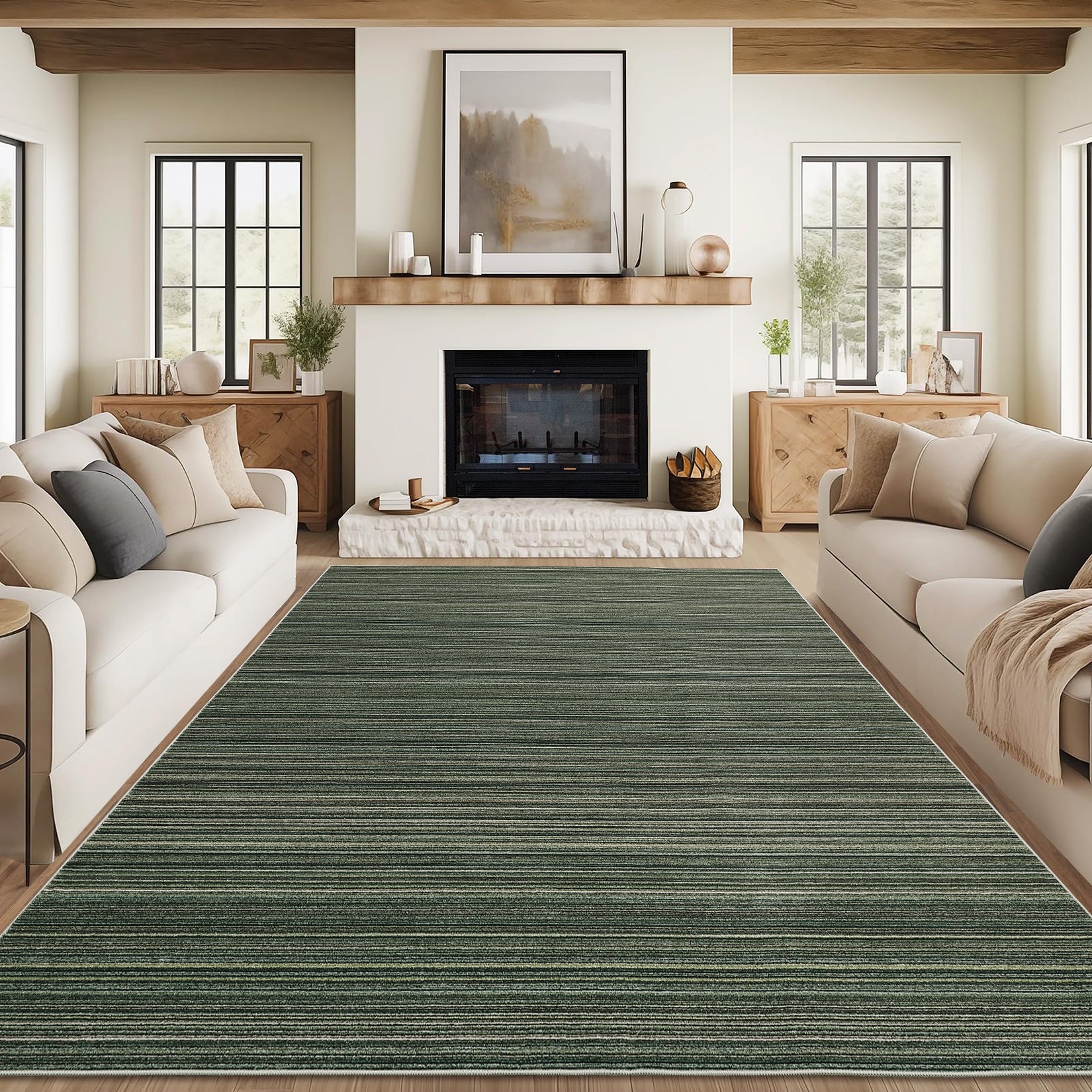 Garvee Modern Striped Washable Area Rug - Low Pile Non-Slip Contemporary Carpet - Soft, Collapsible, Mark Resistant Floor Mat for Living Room, Bedroom - Green, 9x12ft (274x366cm)