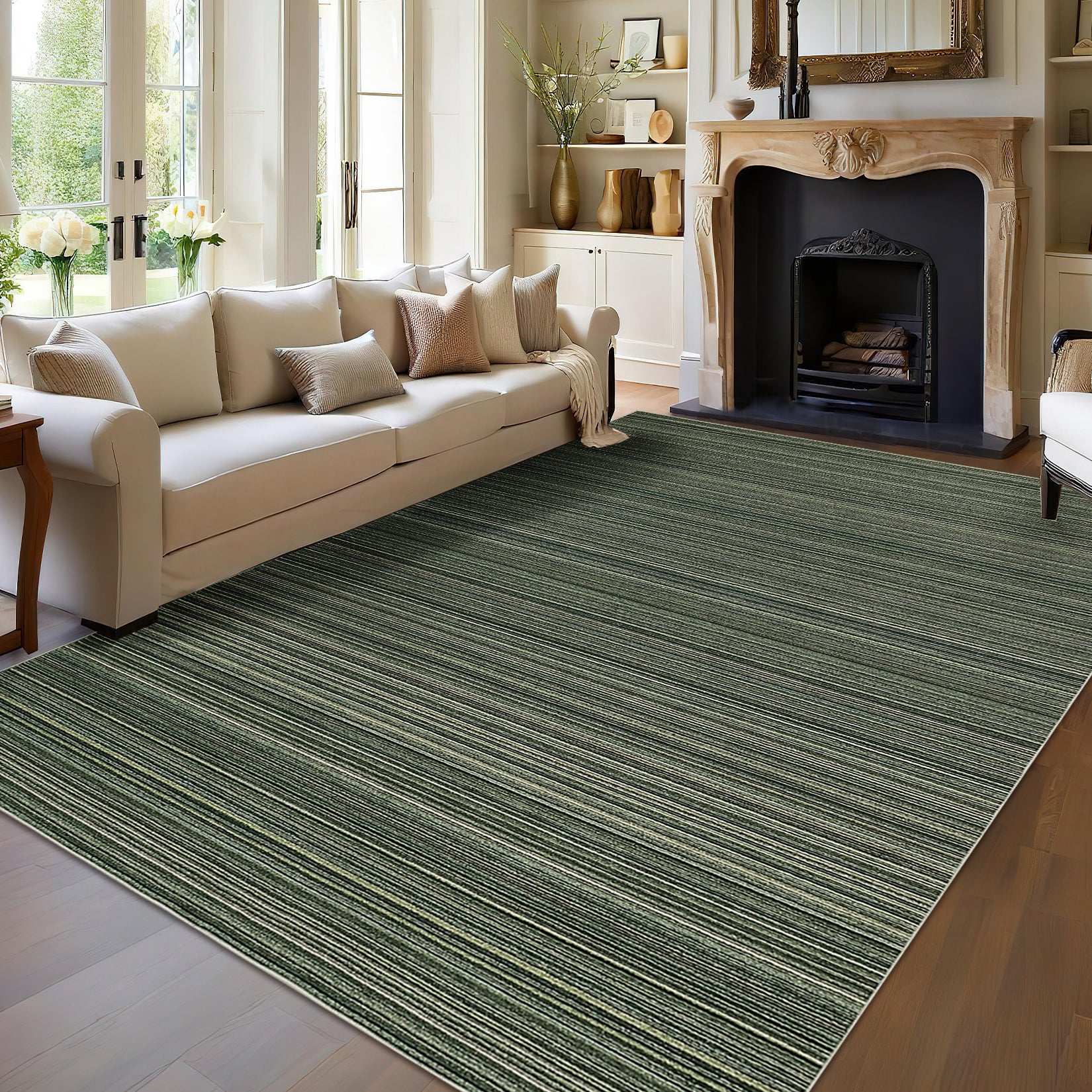 Garvee Modern Striped Washable Area Rug - Low Pile Non-Slip Contemporary Carpet - Soft, Collapsible, Mark Resistant Floor Mat for Living Room, Bedroom - Green, 9x12ft (274x366cm)