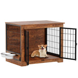 Garvee Heavy Duty Wooden Dog Crate Furniture – Indoor Kennel End Table with 360° Rotating Feeder Bowls, 2 Doors, Chew & Escape Resistant Large Dog Cage, Vintage Brown