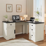 Garvee Executive L-Shaped Farmhouse Desk – 60" Corner Office Workstation, File Drawers, Adjustable Side Storage Cabinet, Antique White with Embossed Dark Top Plate