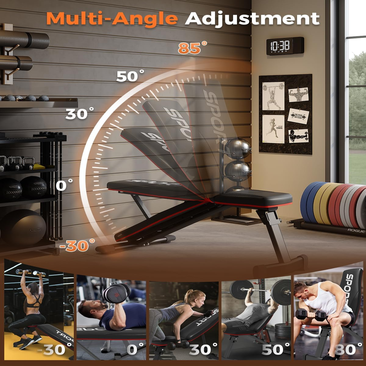 Garvee Banc de Musculation Réglable, 5 Niveaux d'Inclinaison/Déclin, Pliable, pour Entraînement à Domicile, Capacité de 300 kg, Réglage Rapide, Noir
