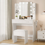 Garvee Makeup Vanity Desk with Mirror and 12 LED Lights, Vanity Table with Power Outlet, 2 Drawers 6 Shelves, Hair Dryer Holder & Stool, Modern Dressing Table Furniture with Storage for Bedroom - White