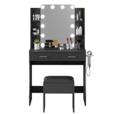 Garvee Makeup Vanity Desk with Mirror and 12 LED Lights, White Vanity Table with Power Outlet, 2 Drawers, 6 Shelves, Hair Dryer Holder & Stool, Modern Dressing Table Furniture for Bedroom - Black