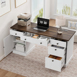 Garvee Modern Fluted Executive Desk 60'' – Wooden Computer Writing Desk with Storage Cabinet, Drawers & Charging Station – Ideal for Home Office, Study, Living Room, or Bedroom – Brown-White Color