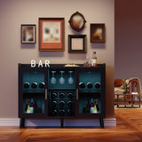 Garvee 47" Coffee Bar Cabinet with Wine Rack, Wooden Sideboard Buffet Cabinet, 4 Tier Wine Bar Cabinet with Glass Door for Living Room, Kitchen, Black