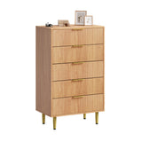 Garvee Modern Fluted Dresser - 5 Drawers Wide Wooden Chest, Golden Metal Handles & Legs, Large Capacity Storage for Bedroom, Living Room, Entryway, Easy Assembly, Oak Finish, 75x46x121.5cm, Five Drawers