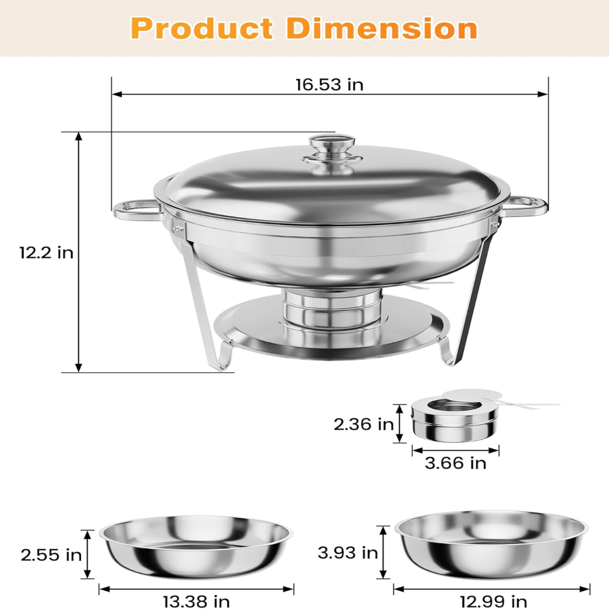 Garvee 6 Pack 5QT Round Chafing Dishes with Lid Holder, Spoon & Tweezers for Buffet, Parties, Weddings, Events, Banquet, Silver
