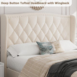 Garvee Full Size Upholstered Platform Bed Frame – Tall Wingback Headboard – Deep Button Tufting – Wooden Slats – Noise-Free – No Box Early-season Needed – Easy Assembly – Offwhite AL03F