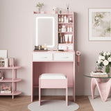 Garvee LED Lighted Makeup Vanity Desk with Mirror, Charging Station, Power Outlets & USB Ports, 2 Drawers, 6 Shelves, Stool, Storage Dressing Table for Bedroom - Pink - Pink